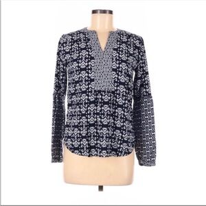 𝅺Loft V-Neck Printed Long Sleeve Blouse Top Navy Blue White Size XS